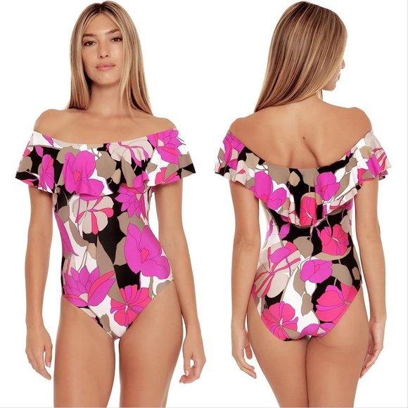 TRINA TURK Lynx Gemini Ruffle Off the Shoulder One Piece SWIMSUIT 4 Floral $162 - Picture 3 of 10